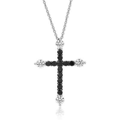 Lant cu pandantiv cruce din aur alb cu diamante transparente de 0.5ct si diamante negre de 0.53ct