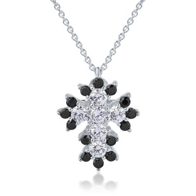 Lant cu pandantiv cruce din aur alb cu diamante transparente de 0.61ct si diamante negre de 0.41ct