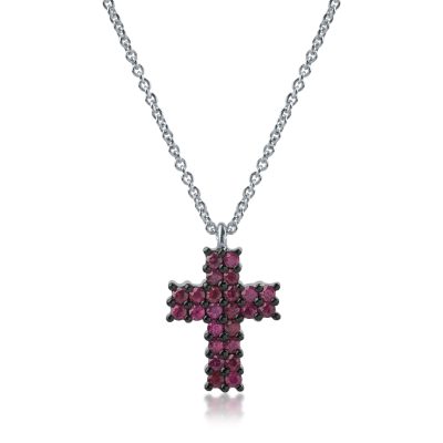 Lant cu pandantiv cruce din aur alb cu rubine de 0.65ct