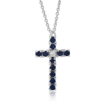 Lant cu pandantiv cruce din aur alb cu safire de 0.42ct si un diamant de 0.04ct
