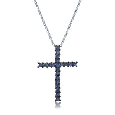 Lant cu pandantiv cruce din aur alb cu safire de 0.5ct