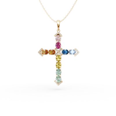 Lant cu pandantiv cruce din aur galben cu safire multicolore ovale de 4.2ct si diamante de 0.17ct