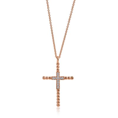 Lant cu pandantiv cruce din aur roz cu diamante de 0.1ct