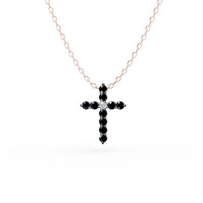 Lant cu pandantiv cruce din aur roz cu diamante de 0.2ct