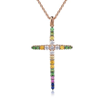 Lant cu pandantiv cruce din aur roz cu diamante de 0.35ct si safire multicolore de 0.72ct