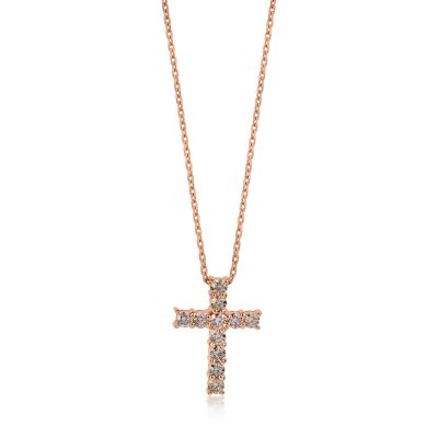 Lant cu pandantiv cruce din aur roz cu diamante maro de 0.63ct