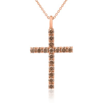 Lant cu pandantiv cruce din aur roz cu diamante maro de 1.35ct