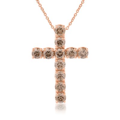 Lant cu pandantiv cruce din aur roz cu diamante maro de 2.85ct