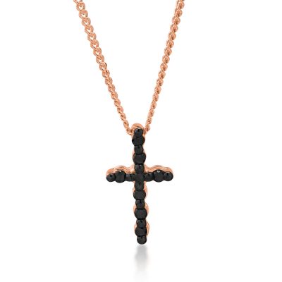 Lant cu pandantiv cruce din aur roz cu diamante negre de 0.06ct