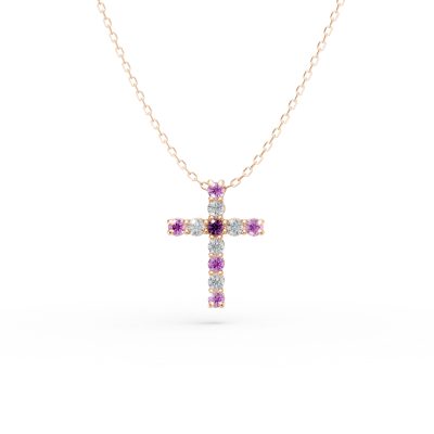 Lant cu pandantiv cruce din aur roz cu safire roz de 0.2ct si diamante de 0.1ct