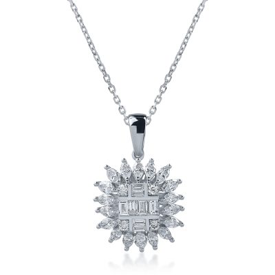 Lant cu pandantiv din aur alb cu diamante baguette si paer de 0.78ct