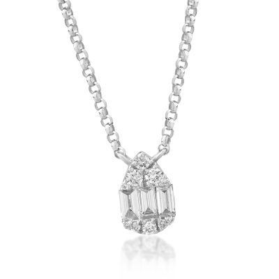 Lant cu pandantiv din aur alb cu diamante baguette si rotunde de 0.18ct