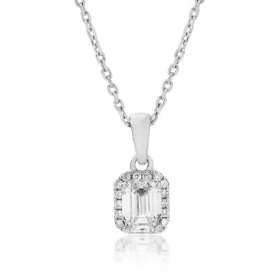Lant cu pandantiv din aur alb cu diamante baguette si rotunde de 0.46ct