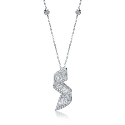Lant cu pandantiv din aur alb cu diamante baguette si round de 1.05ct
