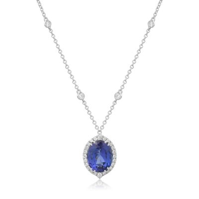 Lant cu pandantiv din aur alb cu tanzanit oval de 4.2ct si diamante de 0.5ct