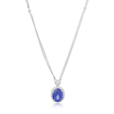Lant cu pandantiv din aur alb cu tanzanit oval de 6.04ct si diamante de 0.58ct