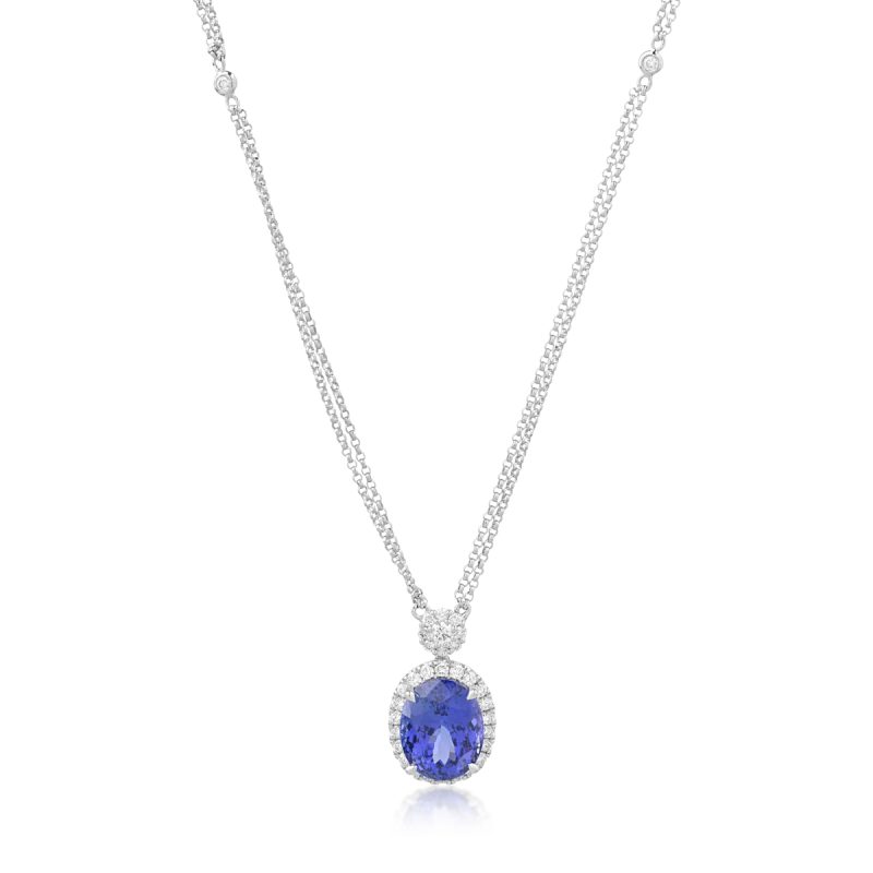 Lant cu pandantiv din aur alb cu tanzanit oval de 6.04ct si diamante de 0.58ct