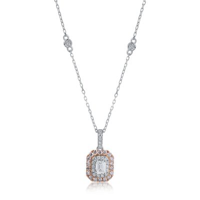 Lant cu pandantiv din aur alb-roz cu diamante roz emerald si rotunde de 0.61ct si diamante transparente de 0.18ct