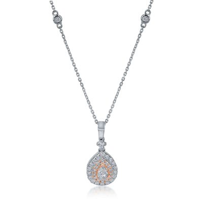 Lant cu pandantiv din aur alb-roz cu diamante roz pear si rotunde de 0.4ct si diamante incolore baguette si rotunde de 0.4ct