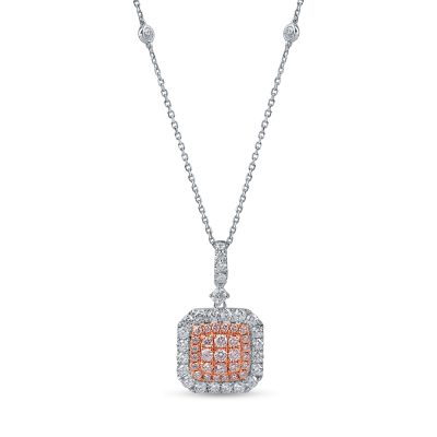 Lant cu pandantiv din aur alb-roz cu diamante roz si incolore de 1ct