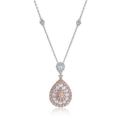 Lant cu pandantiv din aur alb-roz cu diamante roz taietura pear si rotunde de 0.66ct si diamante incolore taietura rose si rotunde de 0.5ct