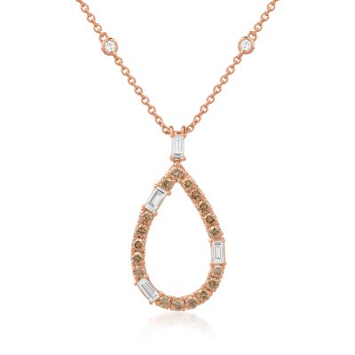Lant cu pandantiv din aur roz cu diamante maro si diamante incolore baguette si rotunde de 1.41ct