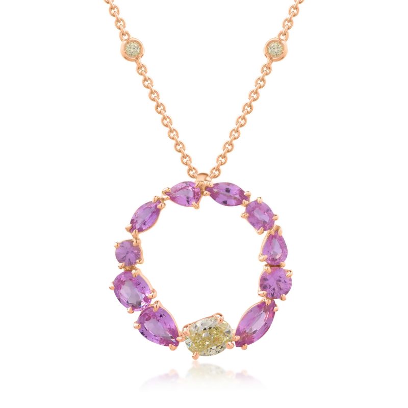 Lant cu pandantiv din aur roz cu safire roz marquise de 2.97ct si diamante galbene ovale si rotunde de 0.82ct