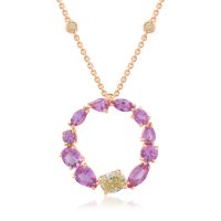 Lant cu pandantiv din aur roz cu safire roz marquise de 2.97ct si diamante galbene ovale si rotunde de 0.82ct