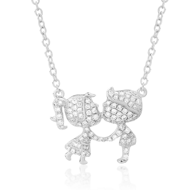 Lant cu pandantiv fetita si baietel din aur alb cu diamante baguette si rotunde de 0.25ct