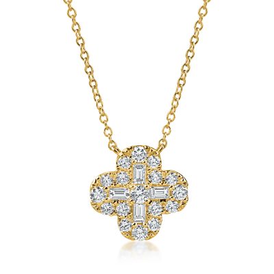 Lant cu pandantiv floare din aur galben cu diamante baguette si rotunde de 0.93ct