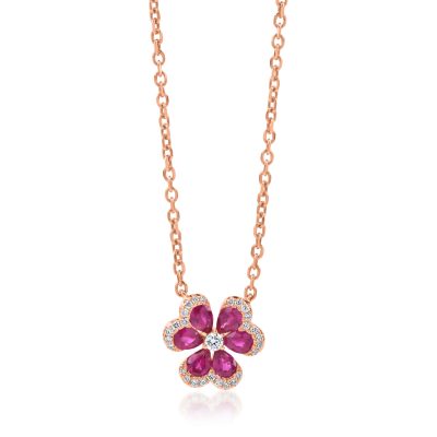 Lant cu pandantiv floare din aur roz cu rubine pear de 1ct si diamante de 0.16ct