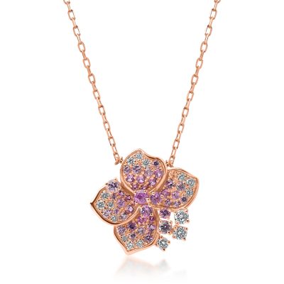 Lant cu pandantiv floare din aur roz cu safire roz de 0.92ct si diamante de 0.29ct