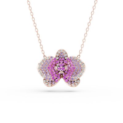Lant cu pandantiv floare din aur roz cu safire roz de 1.31ct si diamante de 0.38ct