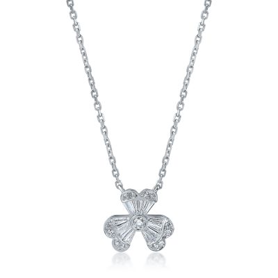 Lant cu pandantiv floral din aur alb cu diamante baguette si rotunde de 0.38ct
