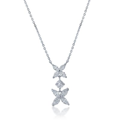 Lant cu pandantiv floral din aur alb cu diamante marquise si rotunde de 0.6ct