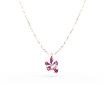 Lant cu pandantiv floral din aur roz cu safire roz pear de 0.77ct si diamante de 0.04ct
