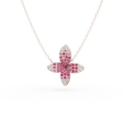 Lant cu pandantiv floral din aur roz cu safire roz si diamante de 0.85ct