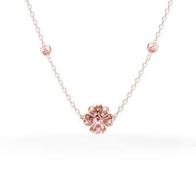 Lant cu pandantiv flori de tei din aur roz cu safire roz de 0.37ct