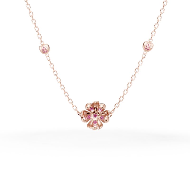 Lant cu pandantiv flori de tei din aur roz cu safire roz de 0.37ct