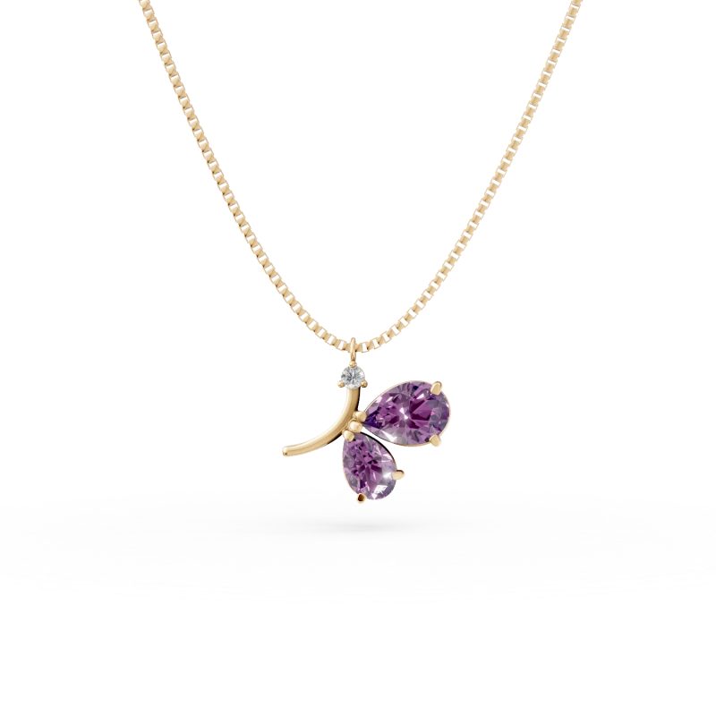 Lant cu pandantiv fluture din aur galben cu ametiste de 0.85ct si zirconia