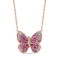 Lant cu pandantiv fluture din aur roz cu pietre pretioase de 1.4ct