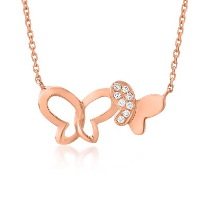 Lant cu pandantiv fluturi din aur roz cu diamante de 0.021ct