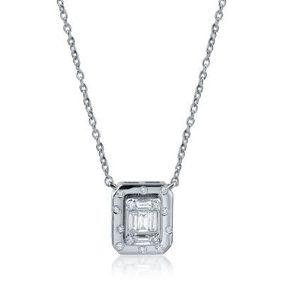 Lant cu pandantiv geometric din aur alb cu diamante baguette si rotunde de 0.1ct