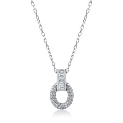 Lant cu pandantiv geometric din aur alb cu diamante baguette si rotunde de 0.51ct