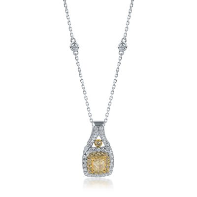 Lant cu pandantiv geometric din aur alb-galben cu diamante galbene si incolore de 0.76ct