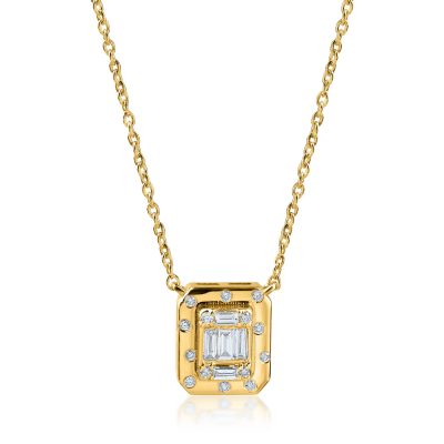 Lant cu pandantiv geometric din aur galben cu diamante baguette si rotunde de 0.1ct