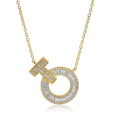 Lant cu pandantiv geometric din aur galben cu diamante baguette si rotunde de 0.6ct