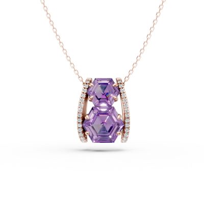 Lant cu pandantiv geometric din aur roz cu ametiste hexagonale de 3.3ct si diamante de 0.1ct