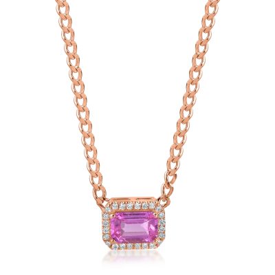 Lant cu pandantiv geometric din aur roz cu safir roz rectangular de 0.6ct si diamante de 0.06ct