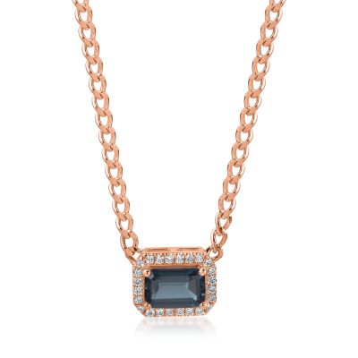 Lant cu pandantiv geometric din aur roz cu topaz london blue square de 0.7ct si diamante de 0.06ct